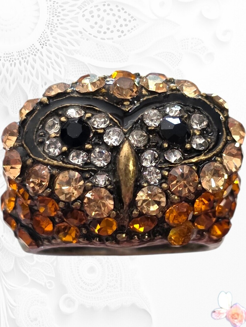 Amber Crystal Owl Ring Brass Tone Black Eyes Statement Cocktail Size 6
